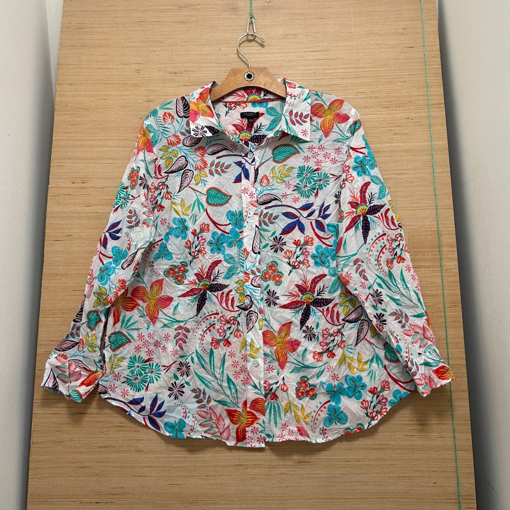 Talbots Plus Petite 1XP Floral Button Down Shirt Tropical Cotton Long Sleeve Top